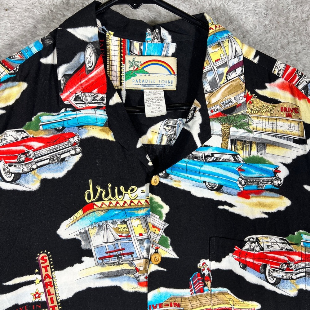 Paradise Found Mens Rayon Hawaiian Shirt Vintage Classic Cars Drive-In Black M